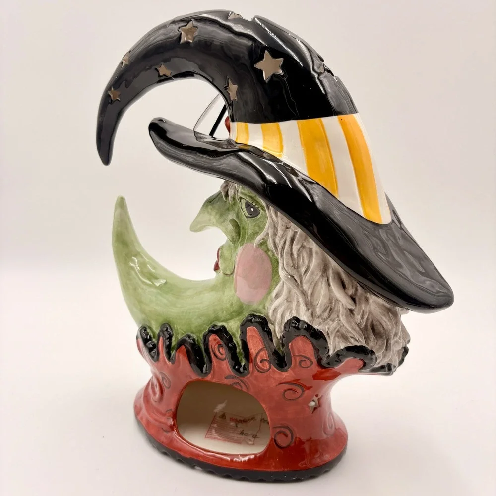 Blue Sky Halloween Crescent Moon Witch Ceramic Tea Light Holder New